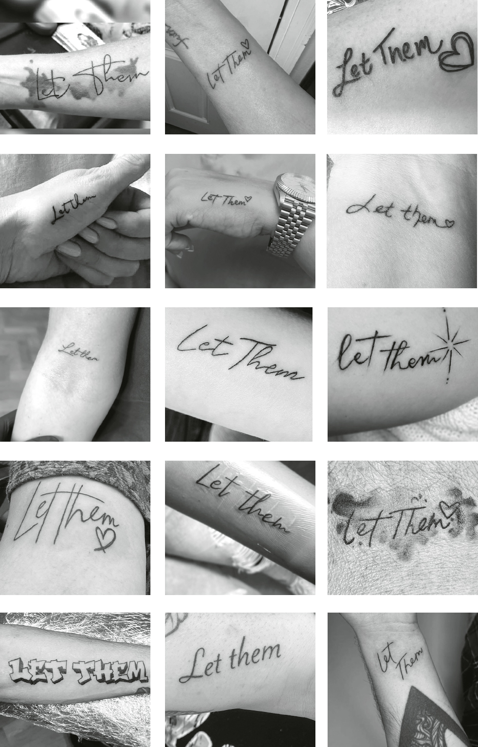 Another collage of photographs of people's LET THEM tattoos.